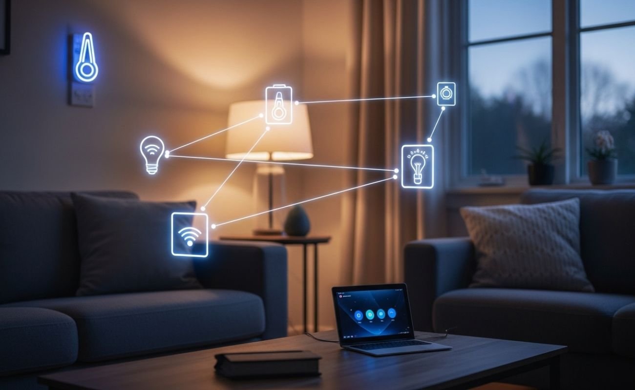 10 Ideias de Automação Residencial para Deixar sua Casa Inteligente Sala de estar moderna ilustrando ideias de automação residencial, com ícones de dispositivos inteligentes como luzes e termostato conectados entre si.