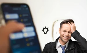 Homem confuso com app de automação residencial aberto no celular, representando erros comuns na instalação de smart home.