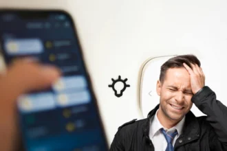 Homem confuso com app de automação residencial aberto no celular, representando erros comuns na instalação de smart home.
