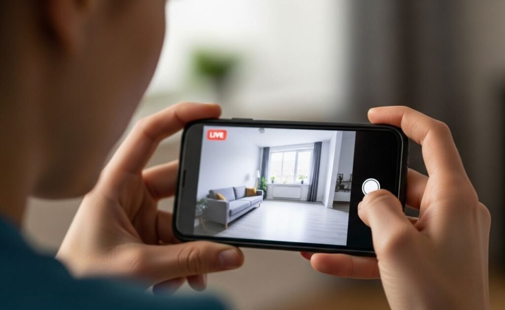Automação Residencial para Iniciantes: Guia Completo para Começar sua Casa Inteligente em 2025 Câmera de segurança sendo vista no celular como parte da automação residencial para iniciantes.