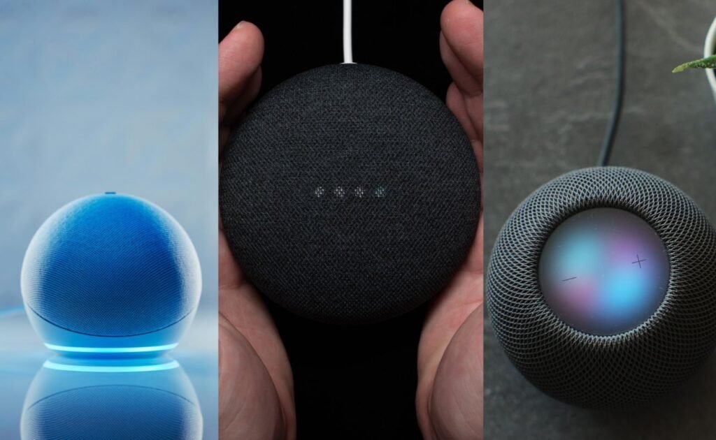 Comparativo visual dos smart speakers Echo Dot (Alexa), Google Nest Mini (Google Assistente) e Apple HomePod mini (Siri), ilustrando a batalha Alexa vs Google vs Siri.