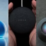 Comparativo visual dos smart speakers Echo Dot (Alexa), Google Nest Mini (Google Assistente) e Apple HomePod mini (Siri), ilustrando a batalha Alexa vs Google vs Siri.