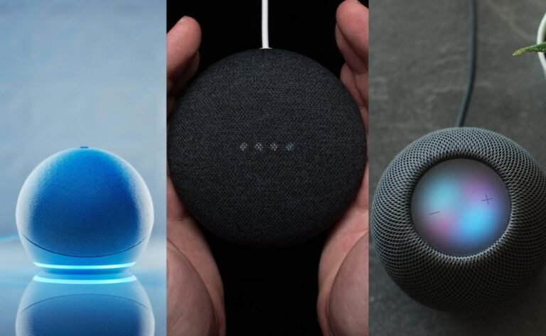 Comparativo visual dos smart speakers Echo Dot (Alexa), Google Nest Mini (Google Assistente) e Apple HomePod mini (Siri), ilustrando a batalha Alexa vs Google vs Siri.
