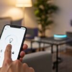 Automação Residencial para Iniciantes: Guia Completo para Começar sua Casa Inteligente em 2025 Pessoa usando um aplicativo de casa inteligente no celular para controlar a iluminação, demonstrando como funciona a automação residencial para iniciantes.