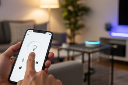 Pessoa usando um aplicativo de casa inteligente no celular para controlar a iluminação, demonstrando como funciona a automação residencial para iniciantes.