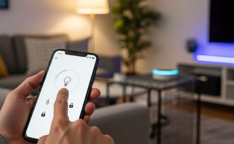 Automação Residencial e Casa Inteligente: SmartHomePro Pessoa usando um aplicativo de casa inteligente no celular para controlar a iluminação, demonstrando como funciona a automação residencial para iniciantes.