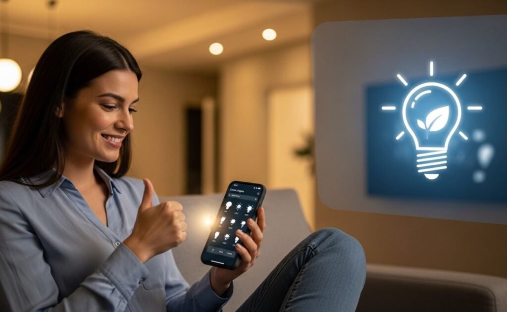 Mulher sorrindo enquanto usa o celular para controlar as luzes de sua casa inteligente, com uma lâmpada acesa ao fundo, ilustrando como economizar conta de luz com automação.