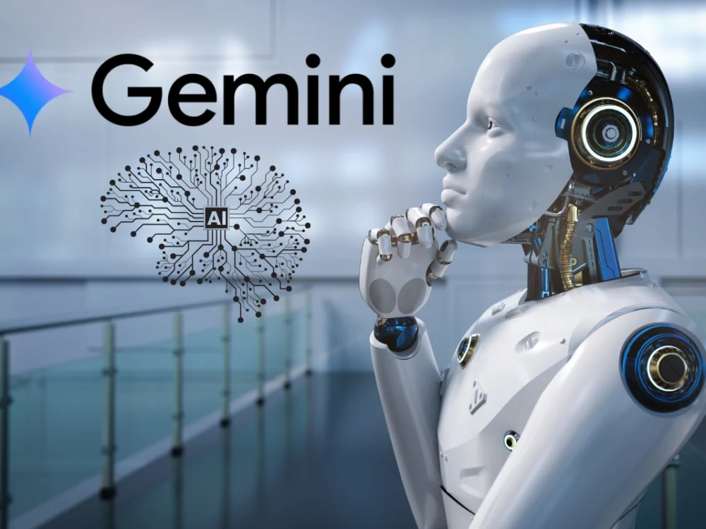 Robô com inteligência artificial Gemini simbolizando o futuro da automação residencial com IA avançada
