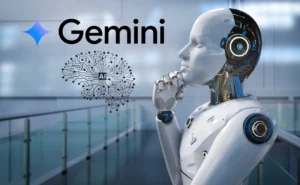 Robô com inteligência artificial Gemini simbolizando o futuro da automação residencial com IA avançada