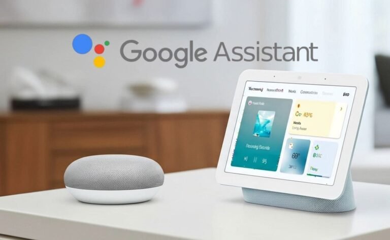 Dispositivos inteligentes Nest Hub e Nest Mini em uma mesa branca exibindo a interface do Google Assistente.