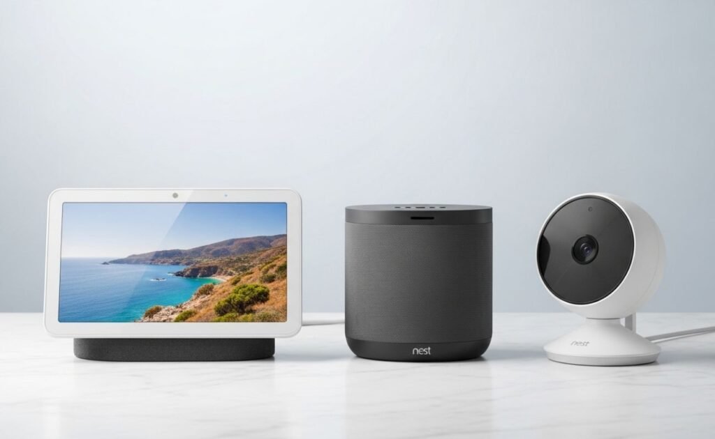 Google Nest: O Guia Completo Para Entender o Ecossistema de Casa Inteligente do Google Produtos Google Nest (Hub, alto-falante e câmera) em uma bancada branca, ilustrando o que é Google Nest e seu ecossistema de casa inteligente.