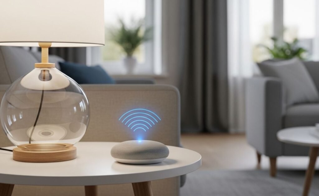 Google Nest Mini: O Guia Definitivo Sobre o Alto-Falante Inteligente do Google Google Nest Mini cinza com ícone de Wi-Fi azul brilhante, sobre uma mesa lateral em uma sala de estar moderna, ilustrando o que é Google Nest Mini