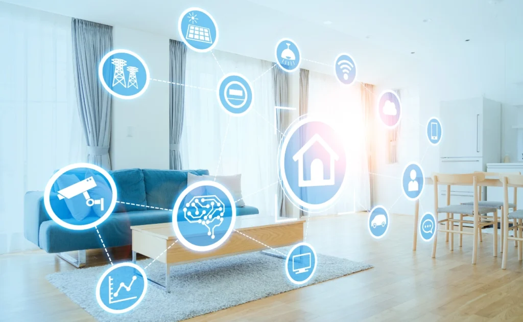 Interface gráfica de automação residencial sobre sala moderna iluminada
