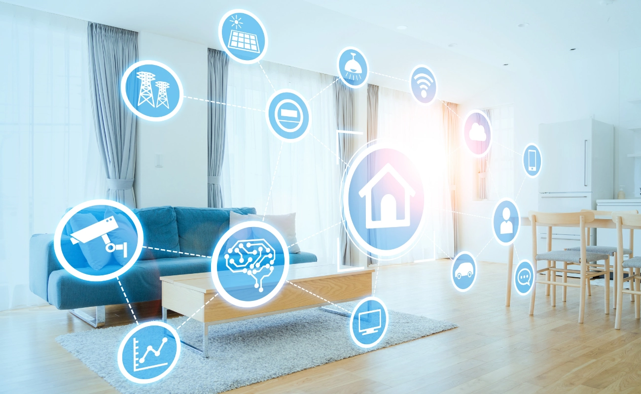Interface gráfica de automação residencial sobre sala moderna iluminada