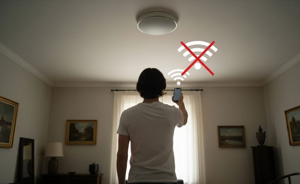 Pessoa frustrada tentando entender por que sua lâmpada inteligente não conecta no wi-fi.