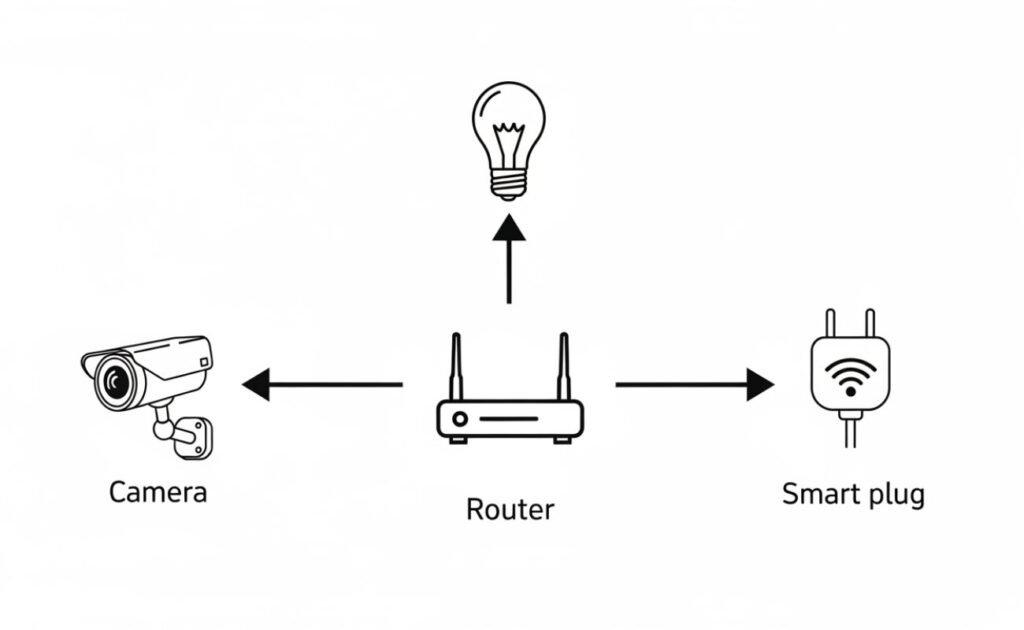 Diferença de Dispositivos Wi-Fi e Zigbee: Qual a Diferença Real e Quando Usar Cada Um? Diagrama de funcionamento de dispositivos Wi-Fi em automação residencial com conexão direta.