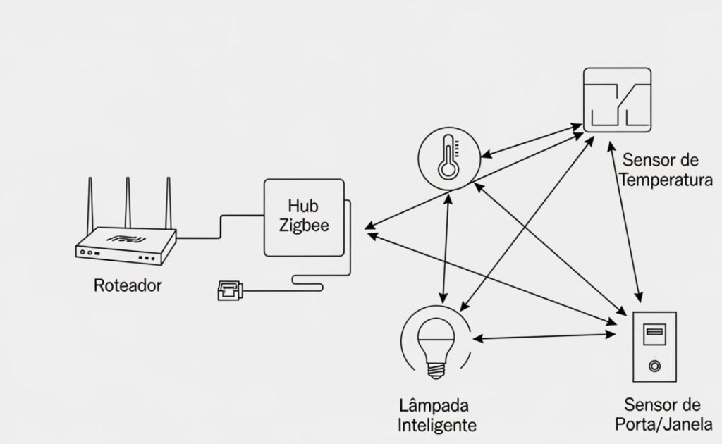 Diferença de Dispositivos Wi-Fi e Zigbee: Qual a Diferença Real e Quando Usar Cada Um? Diagrama de rede mesh Zigbee mostrando a diferença de conexão via Hub e repetidores.