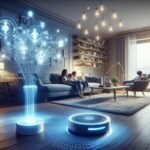 Uma sala moderna com família e projeção holográfica de IA azul conectando dispositivos inteligentes