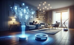 Uma sala moderna com família e projeção holográfica de IA azul conectando dispositivos inteligentes