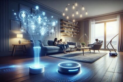 Uma sala moderna com família e projeção holográfica de IA azul conectando dispositivos inteligentes