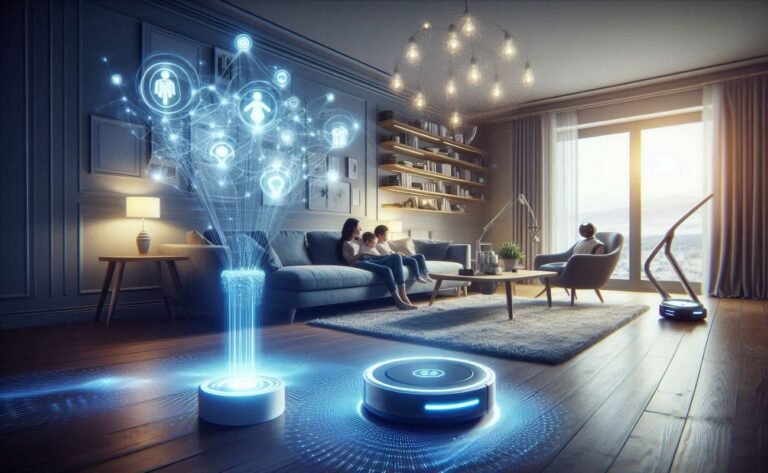 Uma sala moderna com família e projeção holográfica de IA azul conectando dispositivos inteligentes
