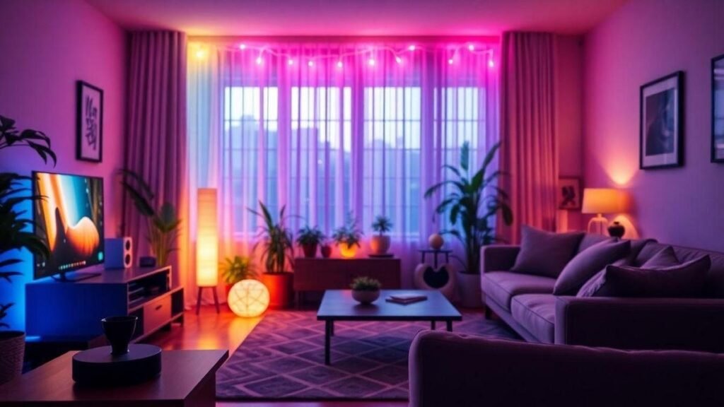 Sala de uma casa moderna com luzes coloridas e música tocando, mostrando como Sincronizar Luzes com Spotify