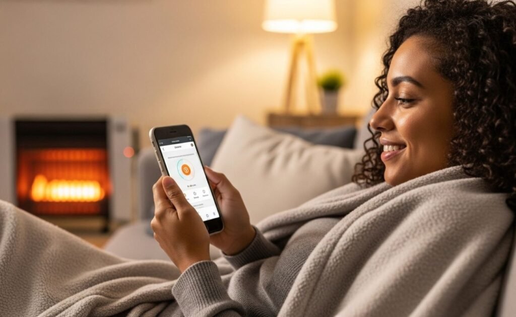 Mulher usando aplicativo no celular para controlar aquecedor elétrico inteligente de forma econômica.