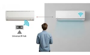 Comparativo visual entre um controle universal ar condicionado e um ar-condicionado com Wi-Fi nativo.