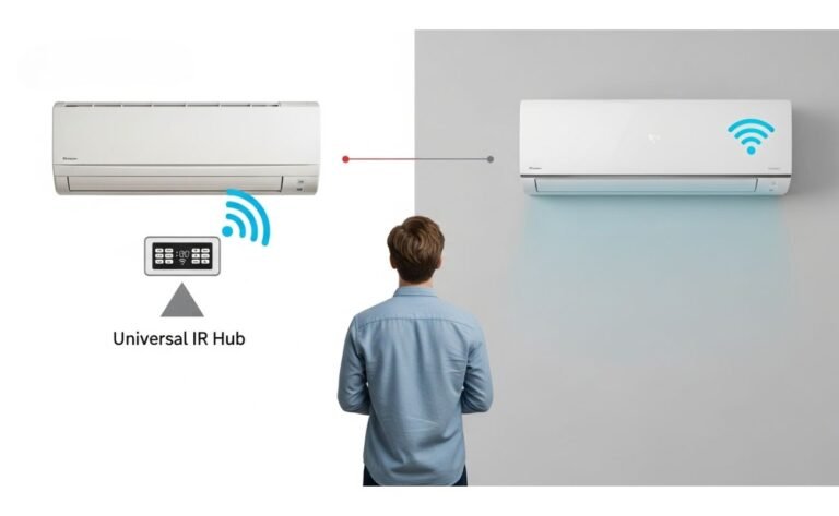 Comparativo visual entre um controle universal ar condicionado e um ar-condicionado com Wi-Fi nativo.