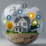 Casa inteligente dentro de uma cúpula transparente, com ícones flutuantes representando tecnologia, energia, segurança e conectividade.