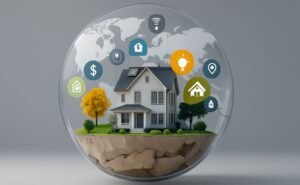 Casa inteligente dentro de uma cúpula transparente, com ícones flutuantes representando tecnologia, energia, segurança e conectividade.