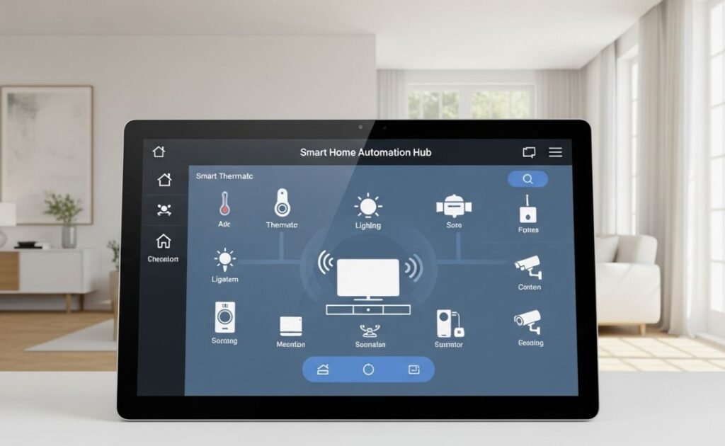 Hub de automação controlando dispositivos inteligentes em uma casa conectada