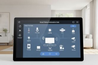 Hub de automação controlando dispositivos inteligentes em uma casa conectada