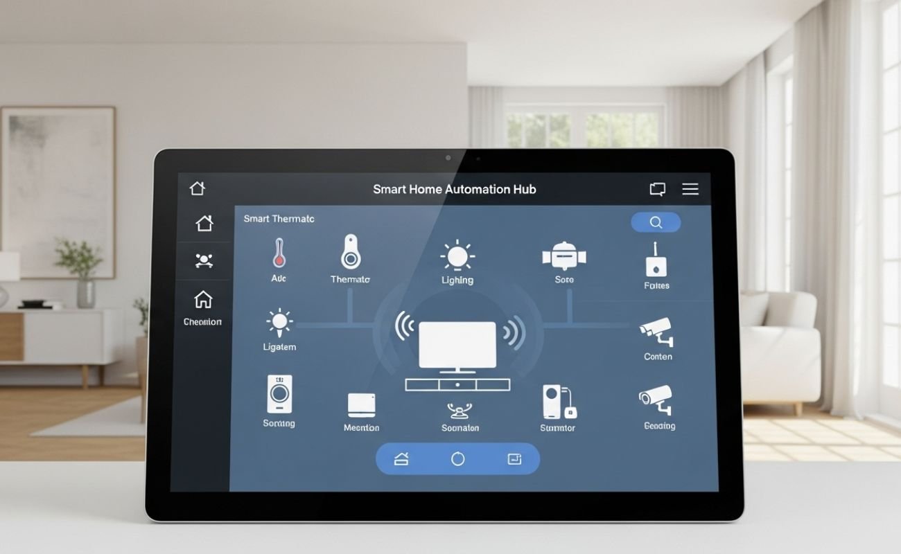 Hub de automação controlando dispositivos inteligentes em uma casa conectada
