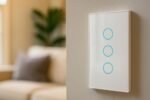 Interruptor inteligente branco de tela touch instalado em uma parede clara de sala de estar, com sofá e outros elementos da decoração suavemente desfocados ao fundo.