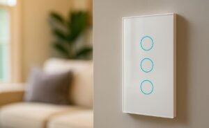 Interruptor inteligente branco de tela touch instalado em uma parede clara de sala de estar, com sofá e outros elementos da decoração suavemente desfocados ao fundo.