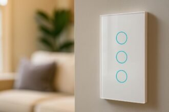 Interruptor inteligente branco de tela touch instalado em uma parede clara de sala de estar, com sofá e outros elementos da decoração suavemente desfocados ao fundo.