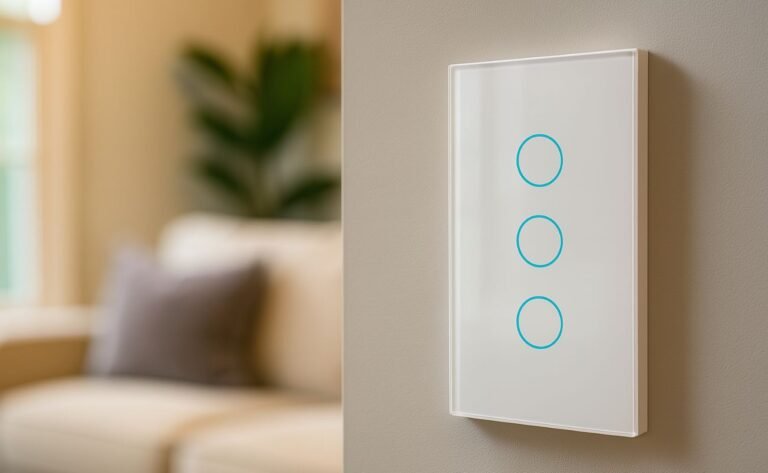 Automação Residencial e Casa Inteligente: SmartHomePro Interruptor inteligente branco de tela touch instalado em uma parede clara de sala de estar, com sofá e outros elementos da decoração suavemente desfocados ao fundo.