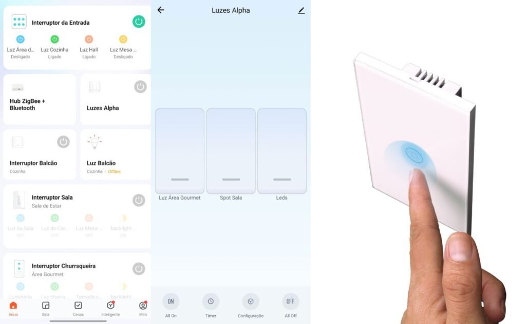 Um smartphone exibe a interface de um aplicativo para controlar interruptores inteligentes.