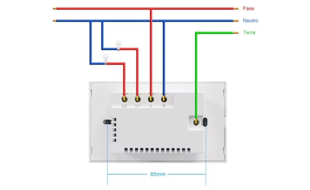 Diagrama esquemático mostrando a fiação de um interruptor inteligente, ilustrando as conexões dos fios Fase (vermelho), Neutro (azul), Retorno (preto) e Terra (verde/amarelo) aos terminais do dispositivo.