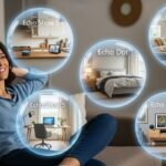 Infográfico conceitual mostrando uma pessoa escolhendo o melhor dispositivo Echo para cada cômodo da casa, como a cozinha com um Echo Show e o quarto com um Echo Dot.