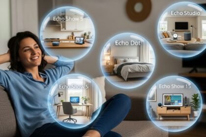 Infográfico conceitual mostrando uma pessoa escolhendo o melhor dispositivo Echo para cada cômodo da casa, como a cozinha com um Echo Show e o quarto com um Echo Dot.