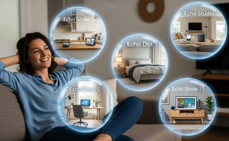 Infográfico conceitual mostrando uma pessoa escolhendo o melhor dispositivo Echo para cada cômodo da casa, como a cozinha com um Echo Show e o quarto com um Echo Dot.