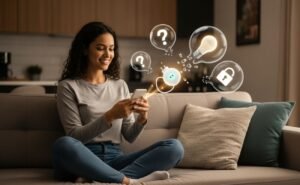 Mulher sentada no sofá controlando sua casa inteligente pelo celular, desvendando os mitos sobre automação residencial.