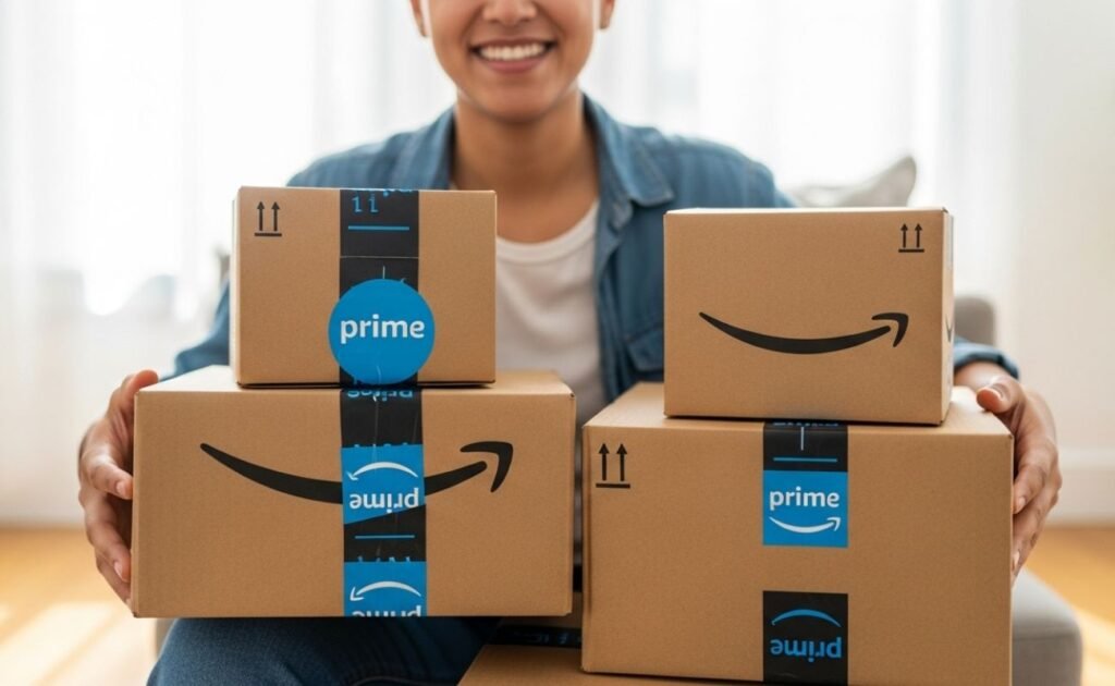 Mulher sorrindo sentada em um sofá, segurando várias caixas da Amazon, ilustrando os benefícios do Amazon Prime.