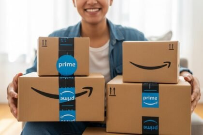 Mulher sorrindo sentada em um sofá, segurando várias caixas da Amazon, ilustrando os benefícios do Amazon Prime.