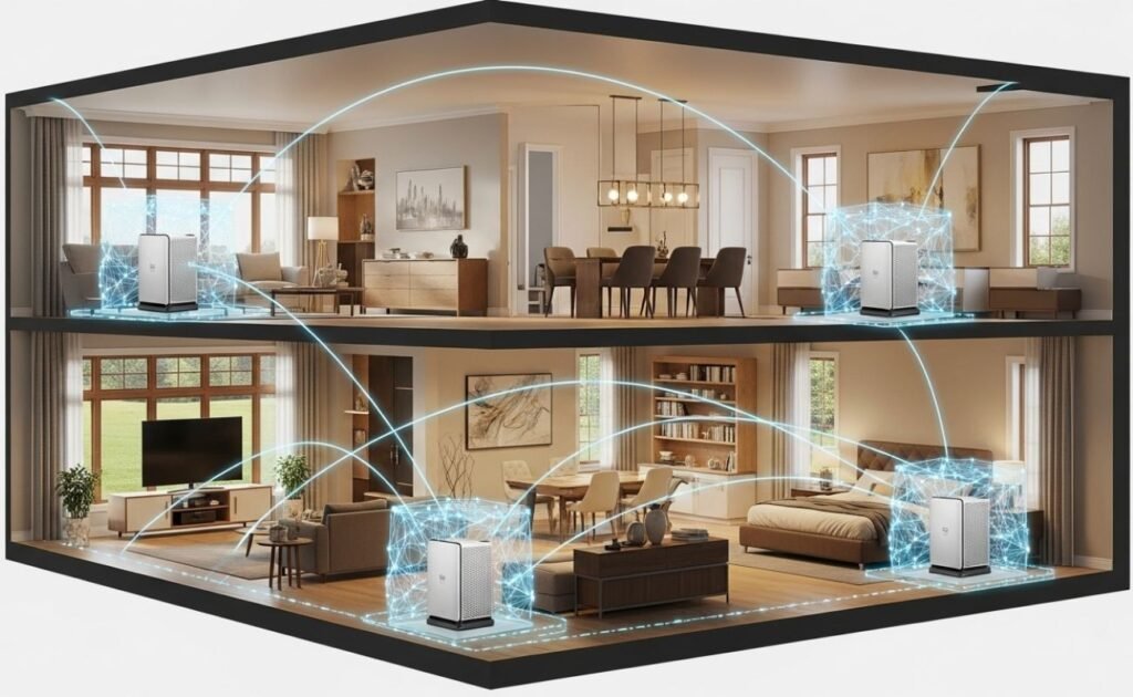 Casa conectada com vários roteadores interligados entre si, mostrando o que é rede mesh