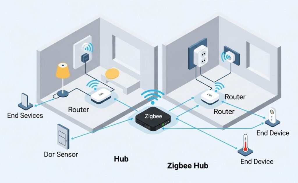 Zigbee: O Guia Definitivo Para Entender o Protocolo da sua Casa Inteligente Diagrama de uma rede mesh Zigbee em uma casa, mostrando como o Hub se conecta aos roteadores e dispositivos finais para ilustrar o que é Zigbee.