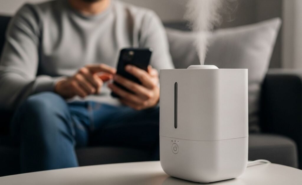 pessoa controlando umidificador de ar inteligente pelo celular