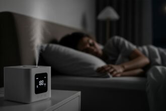 Umidificador de ar inteligente em quarto, automatizando a umidade para dormir melhor.